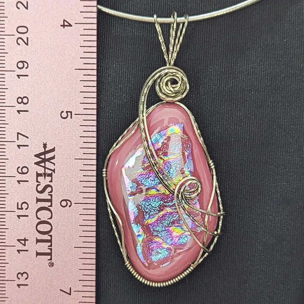 WOW Signed Pink * Rainbow * DICHROIC Sterling Silver Wire-Wrapped Glass Pendant - Picture 1 of 3